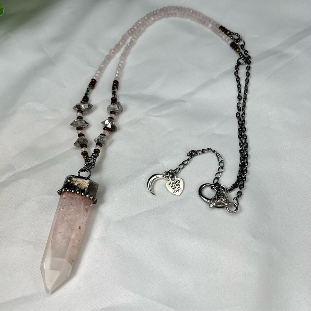 Herkimer Diamond & Rose Quartz Point Crystal Beaded Necklace - Picture 8 of 12